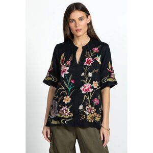 Johnny Was Maisie Easy V Neck Top Womens Size M Heavily Embroidered Linen Boho